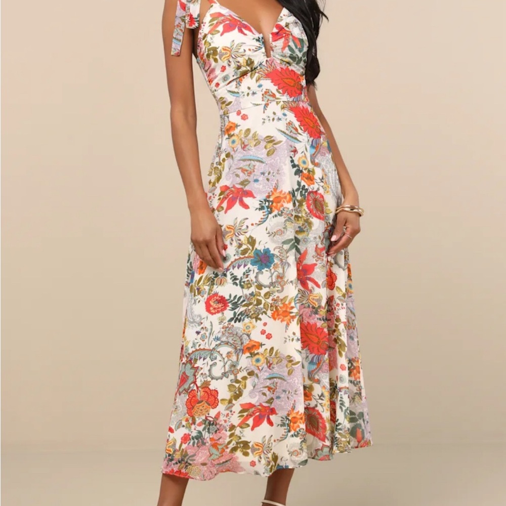Lulus Simply Blissful Multi Floral Tie- Shop Mide Dress Size M NWT